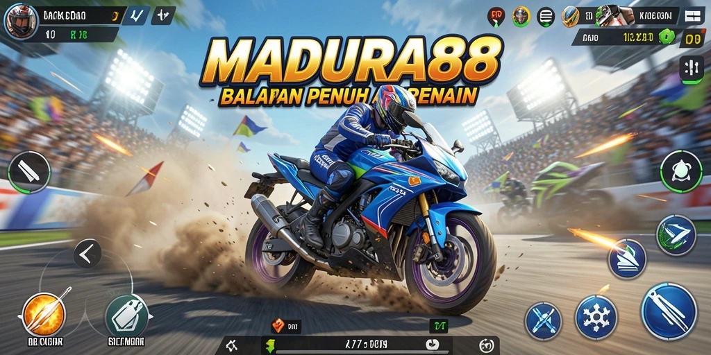 Tampilan gameplay seru di MADURA88 dengan aksi balap motor yang mendebarkan.
